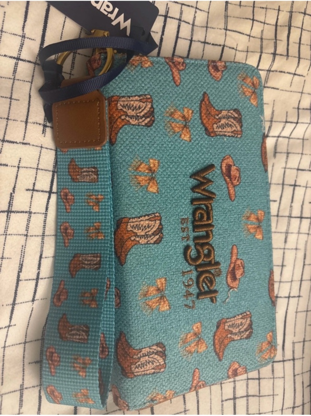 Wrangler Teal Wristlet with Brown Cowboy Boot Print
